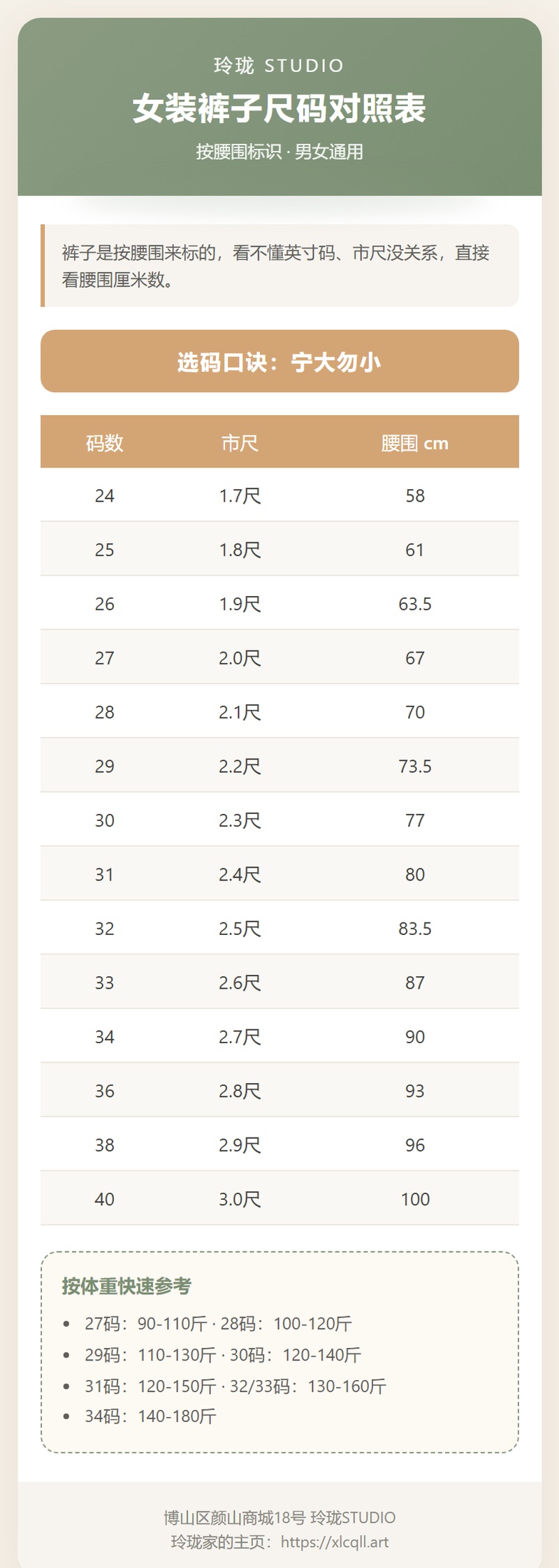 博山玲珑服饰裤子尺码对照表卡片图，含腰围英寸市尺厘米对照，男女通用选码指南，位于淄博市博山区颜山商城18号